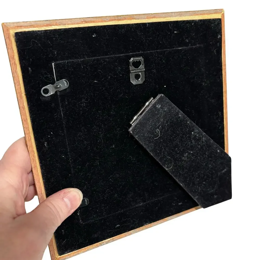 Vintage style free standing photo frame rear loading gold painted wood 5” square